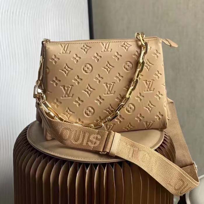 Louis Vuitton LV Women Coussin PM Handbag Camel Monogram Embossed Puffy Lambskin Calfskin Leather