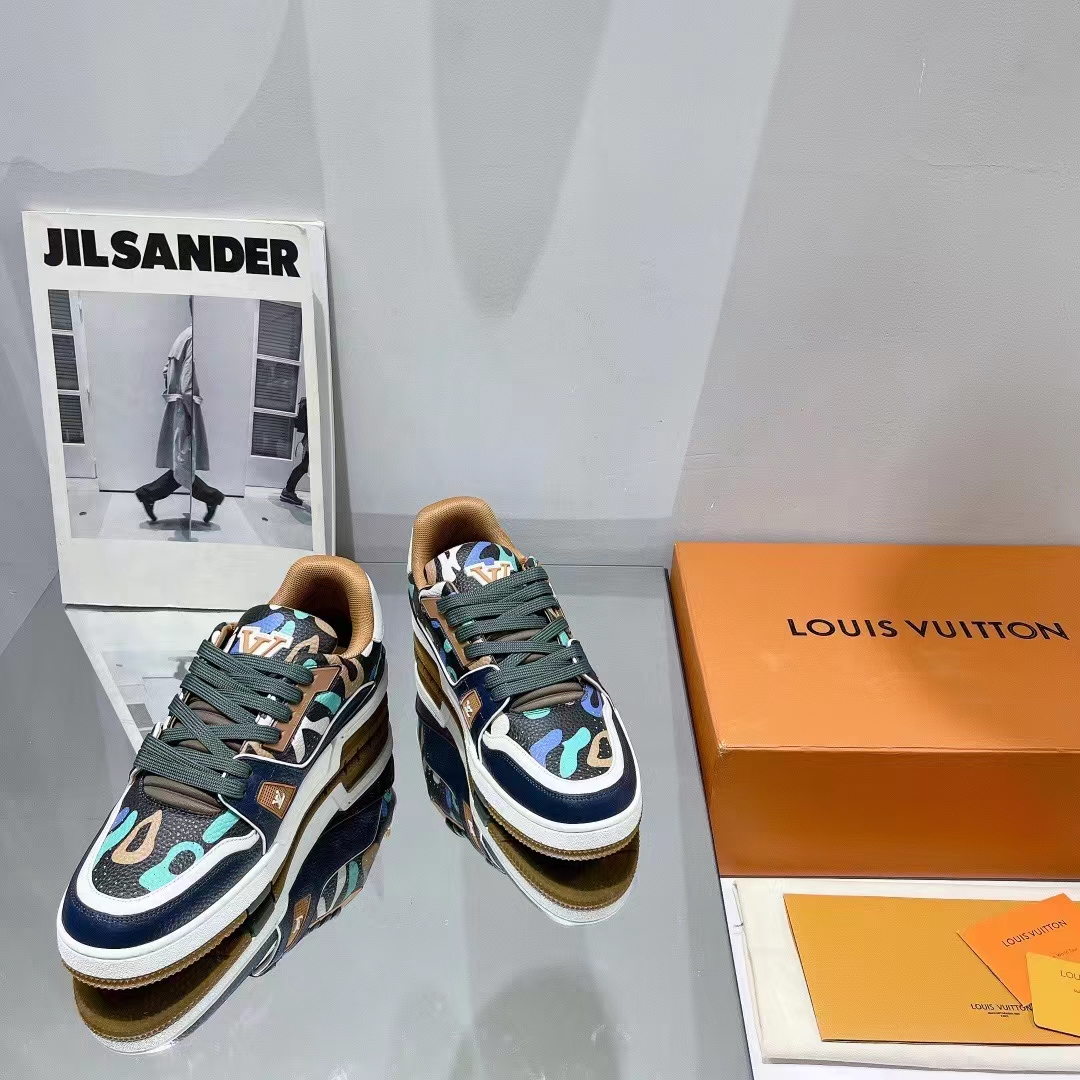 Louis Vuitton Unisex LV x YK LV Trainer Sneaker Khaki Green Camouflage-Printed Canvas Grained Calf