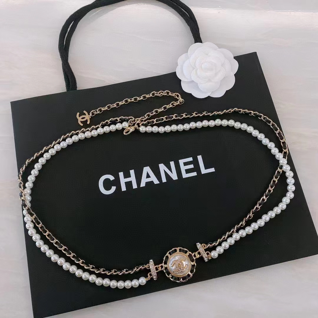Chanel Women CC Chain Belt Calfskin Glass Pearls Black Pearly White Crystal Gold-Tone Metal Strass