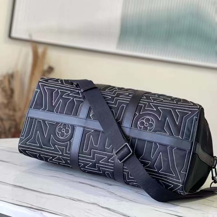 Louis Vuitton LV Unisex Keepall 50B Black Nylon Cowhide Leather Signature Embroidery