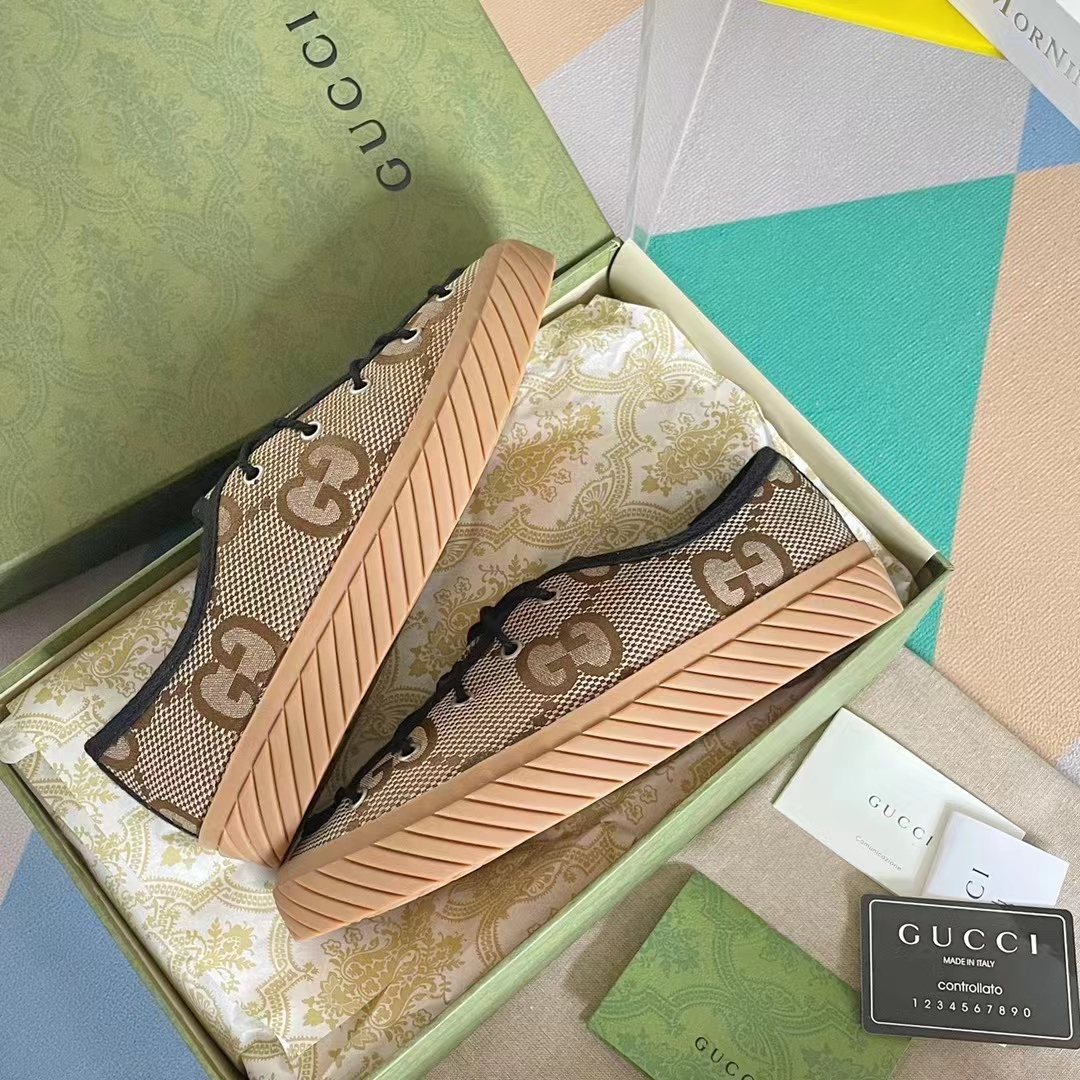 Gucci Unisex Maxi GG Sneaker Camel Ebony Canvas Rubber Sole Flat