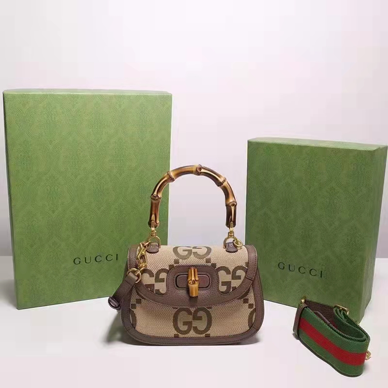 Gucci Women Bamboo 1947 Jumbo GG Mini Bag Brown Camel Ebony Canvas
