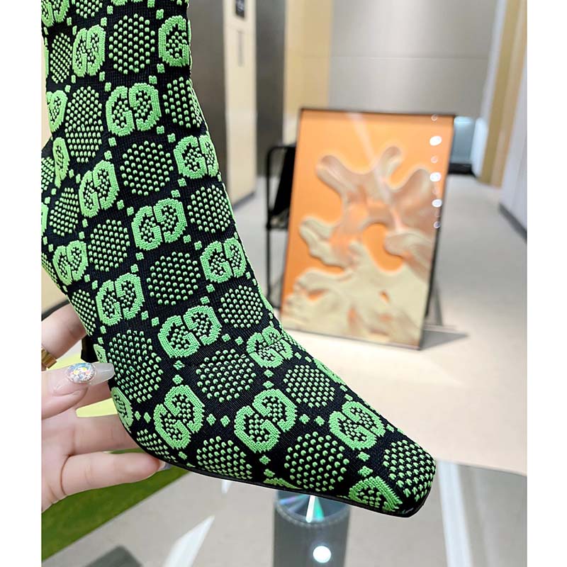 Gucci Women GG Knit Ankle Boots Black Green GG Technical Fabric Leather Mid-Heel