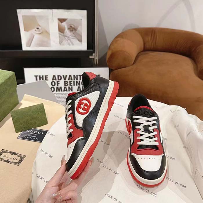 Gucci GG Unisex MAC80 Sneaker Black Red Leather White Fabric Interlocking G Embroidery Round Toe Rubber