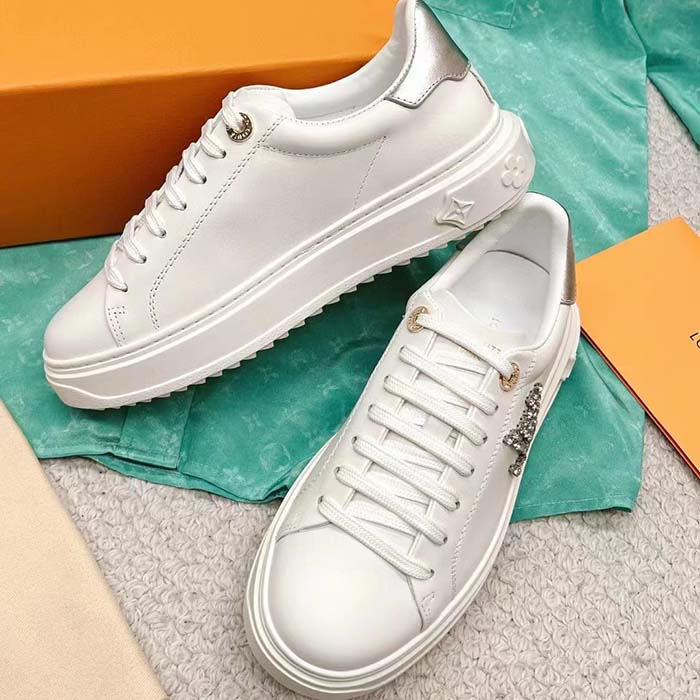 Louis Vuitton Unisex LV Time Out Sneaker Silver Calf Leather Strass Monogram Flowers