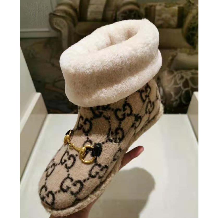 Gucci Unisex GG Wool Ankle Boot in Textured Fabrics-Beige