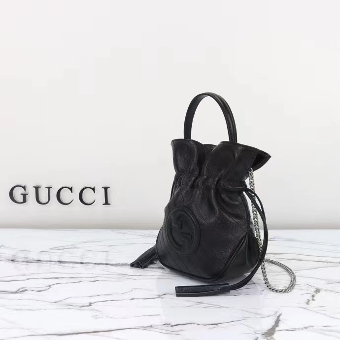 Gucci Women GG Blondie Mini Bucket Bag Black Leather Round Interlocking G