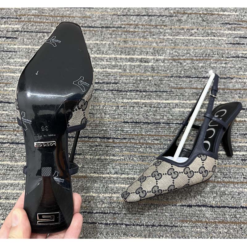 Gucci Women Slingback Pump Beige Blue GG Supreme Canvas Low 3 cm Heel