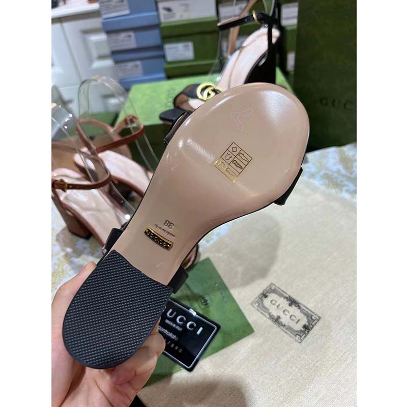 Gucci Women GG Leather Mid-Heel Sandal Black Double G 8 Cm Heel