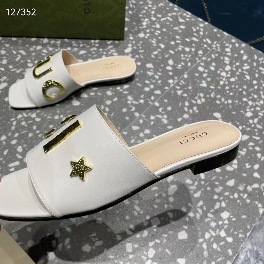 Gucci Women GG Slide Sandal White Leather Textured Logo Star Flat 1 Cm Heel