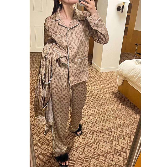 Gucci Women GG Supreme Silk Pant Beige Ebony Piped Unlined Elastic Waist Two Side Pockets Wide Leg