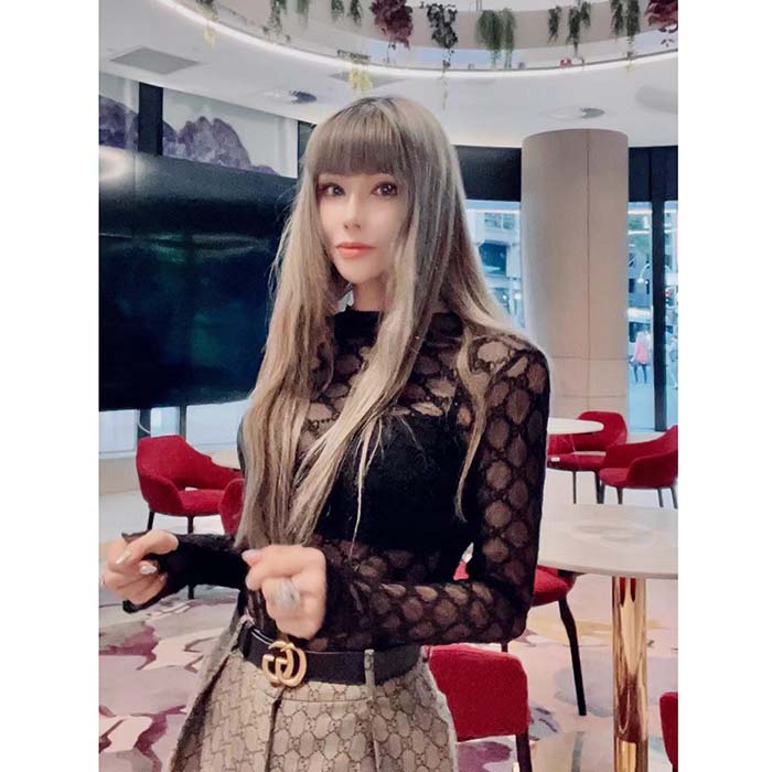 Gucci Women GG Embroidered Tulle T-Shirt Black Long Sleeve Fitted Cotton