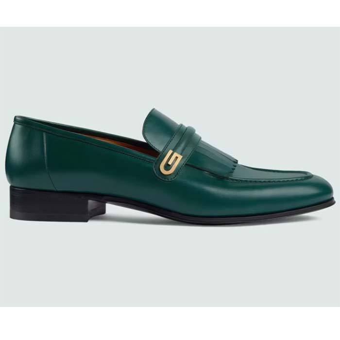 Gucci Men’s GG Loafer Mirrored G Dark Green Leather Fringe Low Heel