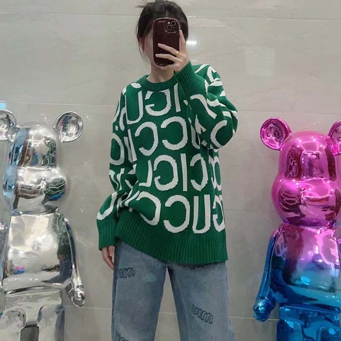 Gucci Women GG Wool Sweater Gucci Intarsia Green Crewneck Dropped Shoulder