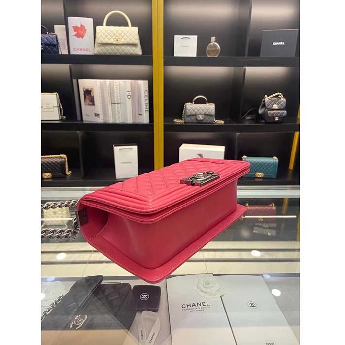 Chanel Women CC Leboy Flap Bag Chain in Calfskin Leather-Red