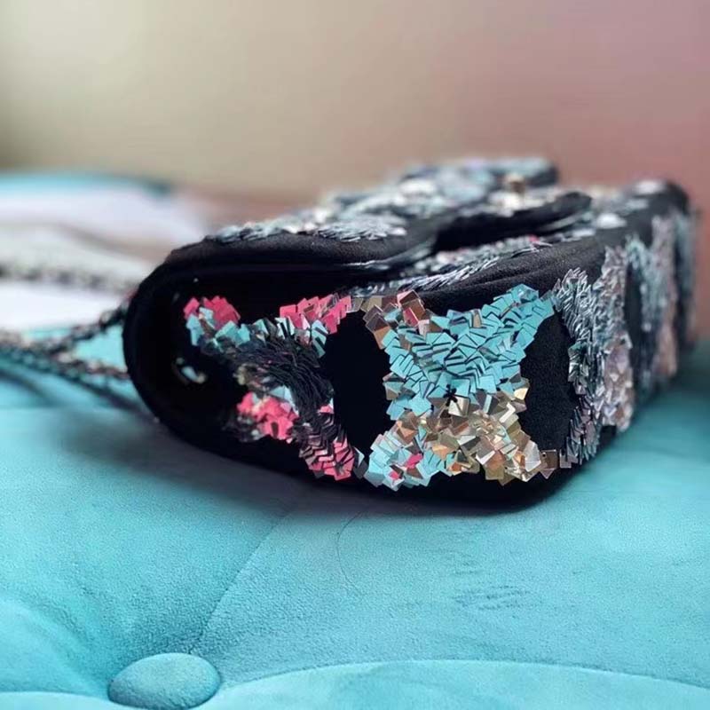 Chanel Women CC Classic Handbag Embroidered Velvet Sequins Silver-Tone Metal Black Silver