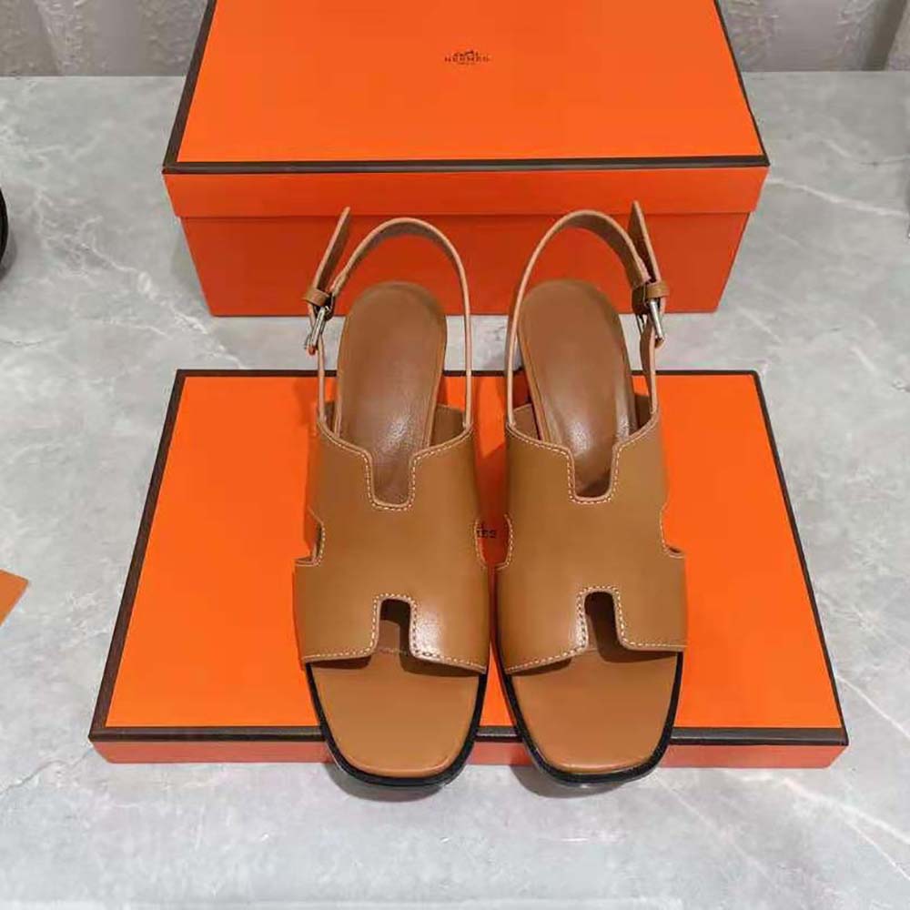 Hermes Women Elbe 60 Sandal in Calfskin with H Cut-Out Detail-Brown