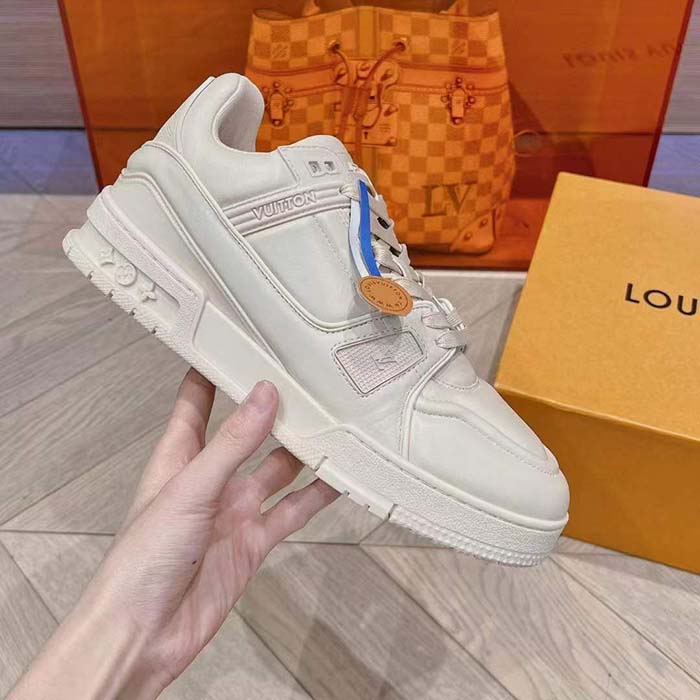Louis Vuitton Unisex LV Trainer Sneaker Beige Calf Leather Rubber Outsole Monogram Flower