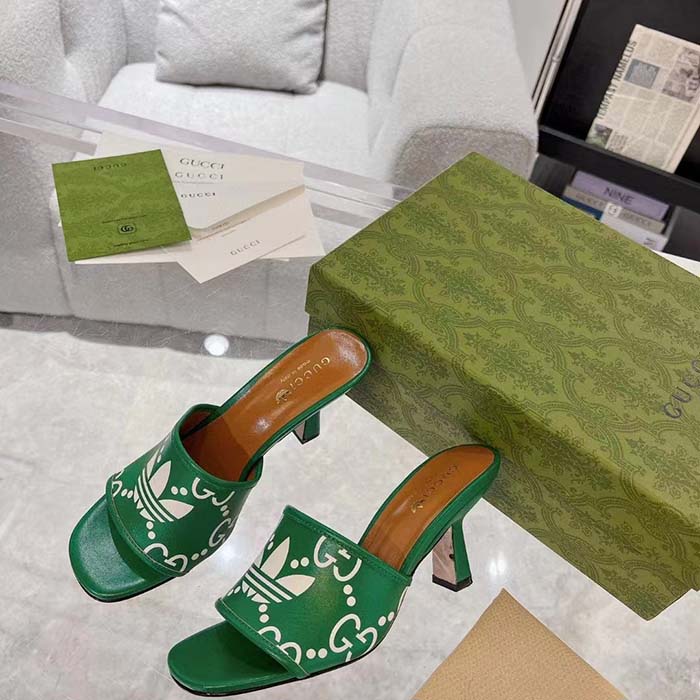 Gucci Women Adidas x Gucci Slide Sandal GG Trefoil Suede Green Leather