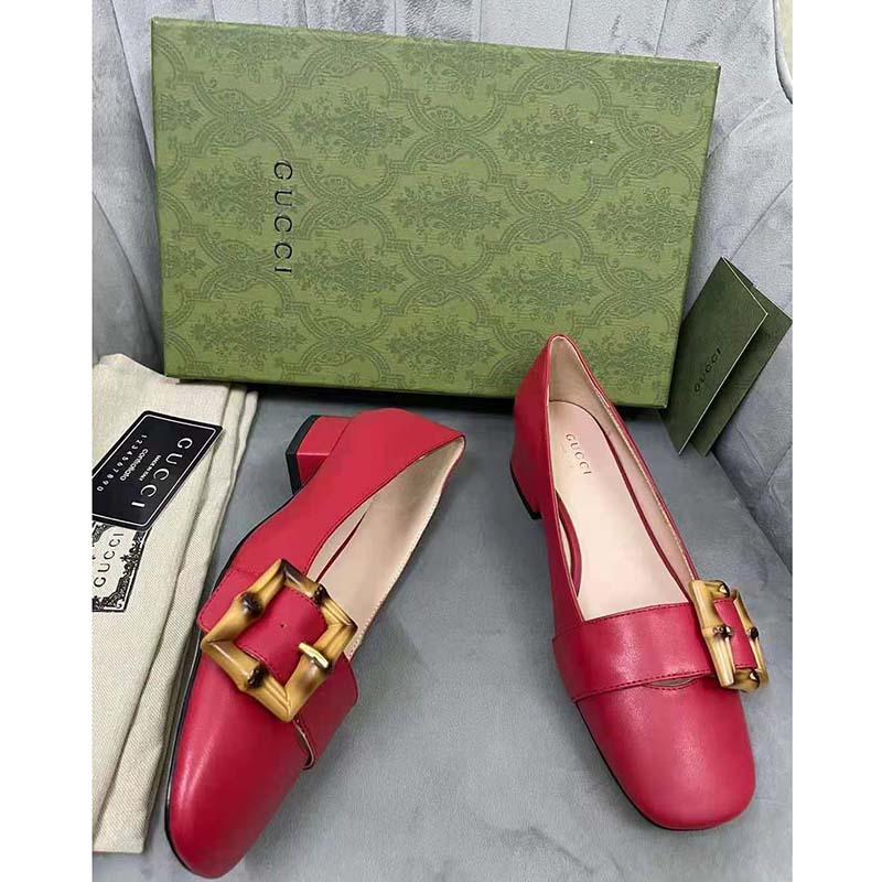 Gucci GG Women Ballet Flat with Bamboo Buckle Dark Red Leather