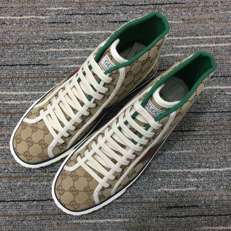 Gucci Unisex Tennis 1977 High Top Sneaker Brown Rubber Sole Flat 2 Cm Heel