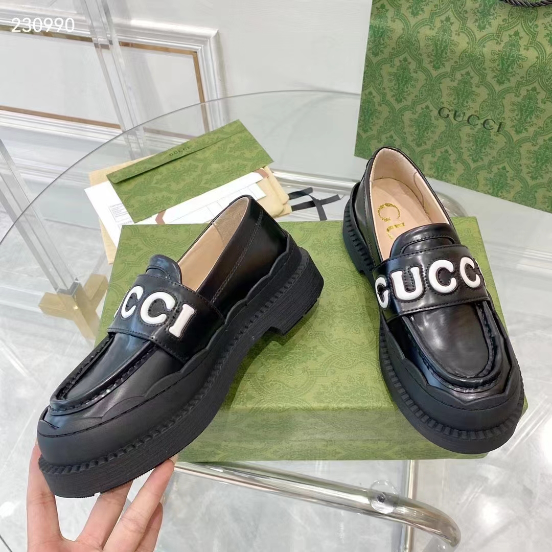 Gucci GG Women Gucci Loafer Black White Leather Scalloped Script Rubber Sole Mid-Heel