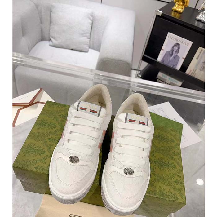 Gucci Unisex Screener Sneaker White GG Supreme Canvas Rubber Sole Lace-Up Low Heel