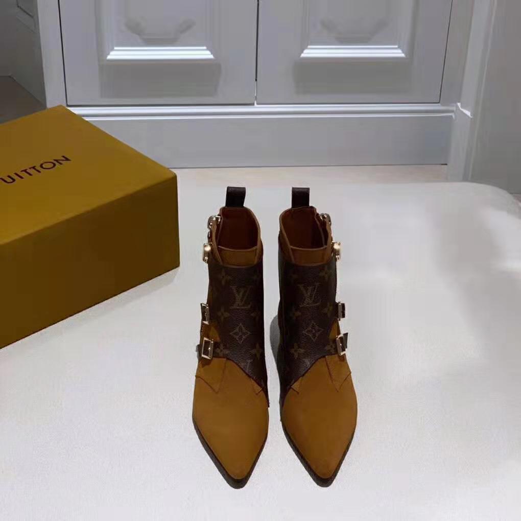 Louis Vuitton LV Women Jumble Flat Ankle Boot in Suede Calf Leather and Patent Monogram Canvas-Brown