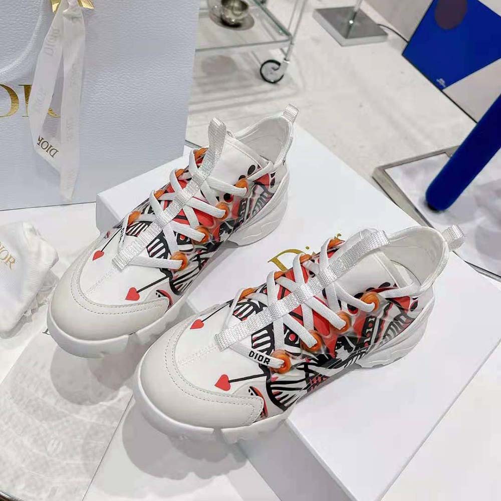 Dior Women D-Connect Sneaker White Technical Fabric with Red and Black Cupidon Print