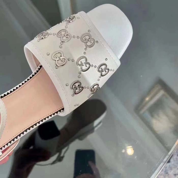 Gucci Women GG Interlocking G Studs Sandal White Leather Mid 8 Cm Heel