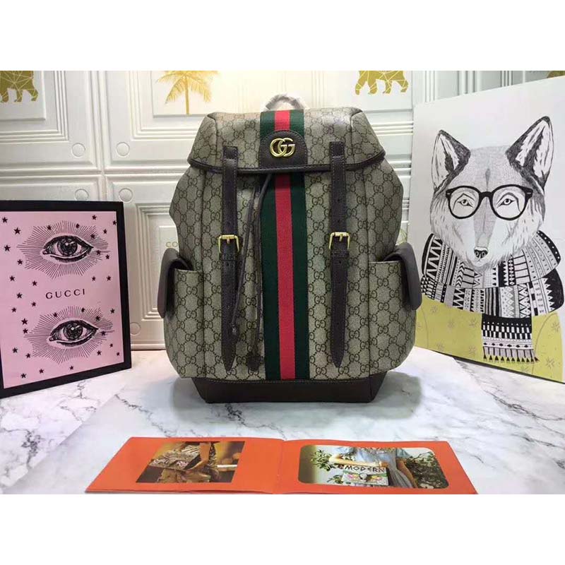 Gucci GG Unisex Ophidia GG Medium Backpack Beige/Ebony Supreme Canvas