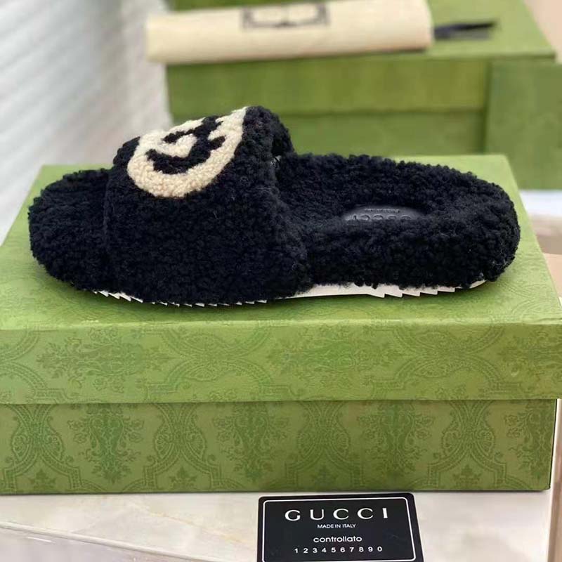 Gucci GG Women Slide Sandal with Interlocking G Black Interlocking G Merino Wool