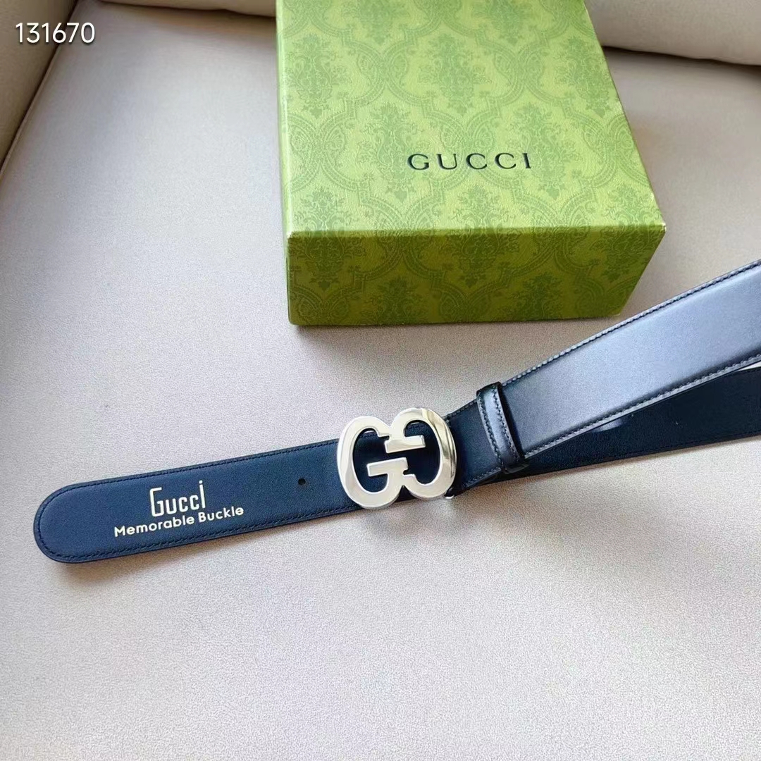 Gucci GG Unisex Buckle Wide Belt Black Leather Double G 4 CM Width