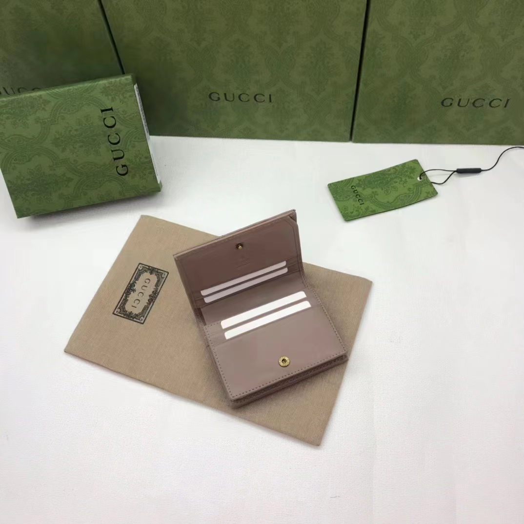 Gucci Unisex GG Marmont Matelassé Card Case Wallet Rose Beige Chevron Leather