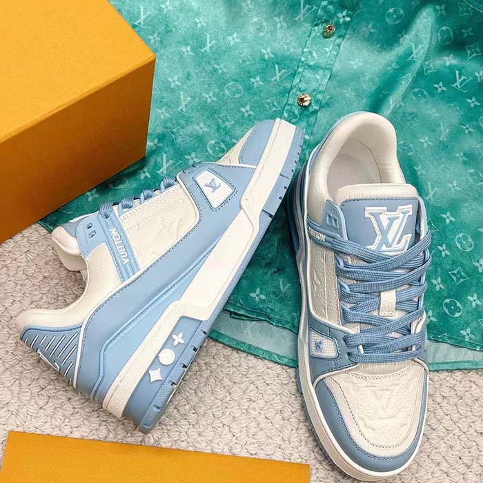 Louis Vuitton Unisex LV Trainer Sneaker Blue Mix of Materials Rubber Monogram Flowers