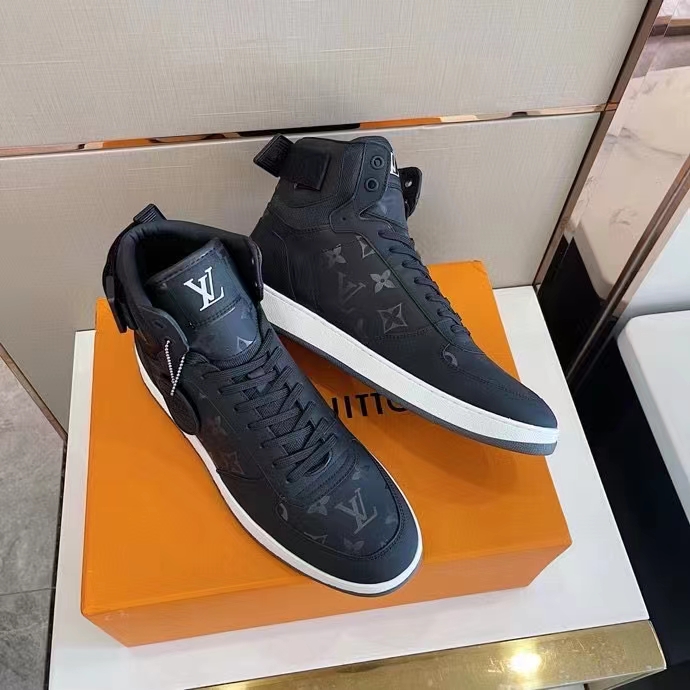 Louis Vuitton LV Unisex Rivoli Sneaker Boot Black Calf Leather Monogram Metallic Canvas