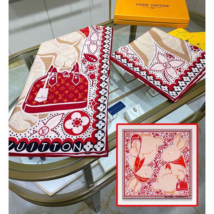 Louis Vuitton LV Women Precious Rabbit Square 70 Red Silk-Screen Print Monogram Flowers