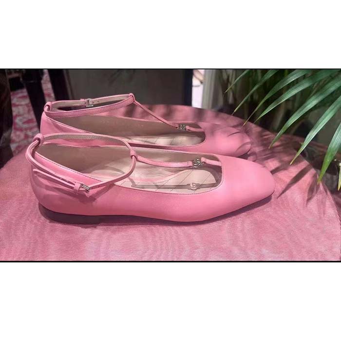Gucci Women GG Ballet Flat Double G Pink Leather Sole Flat 1 Cm Heel