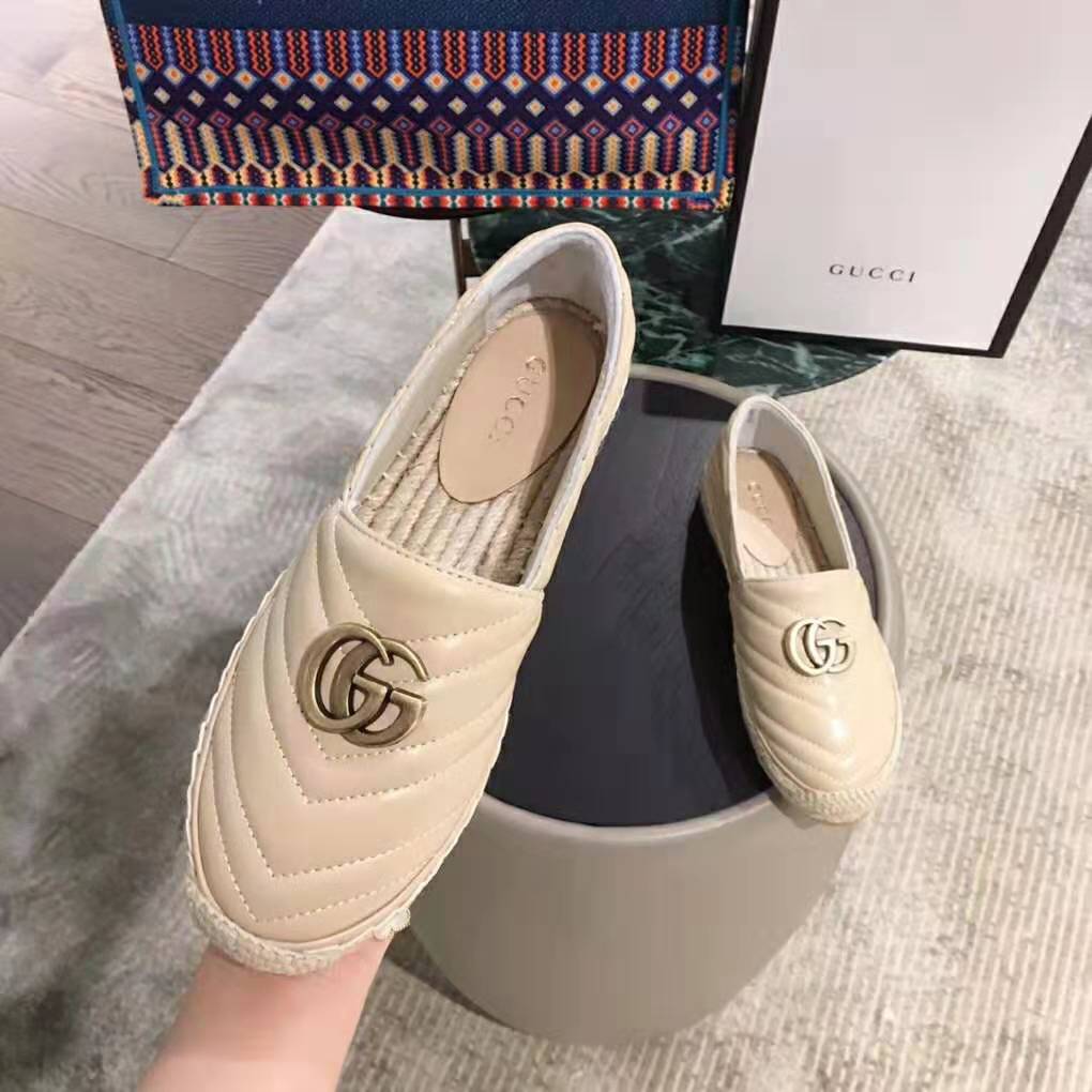 Gucci Women Leather Espadrille with Double G in Matelassé Chevron Leather-Sandy