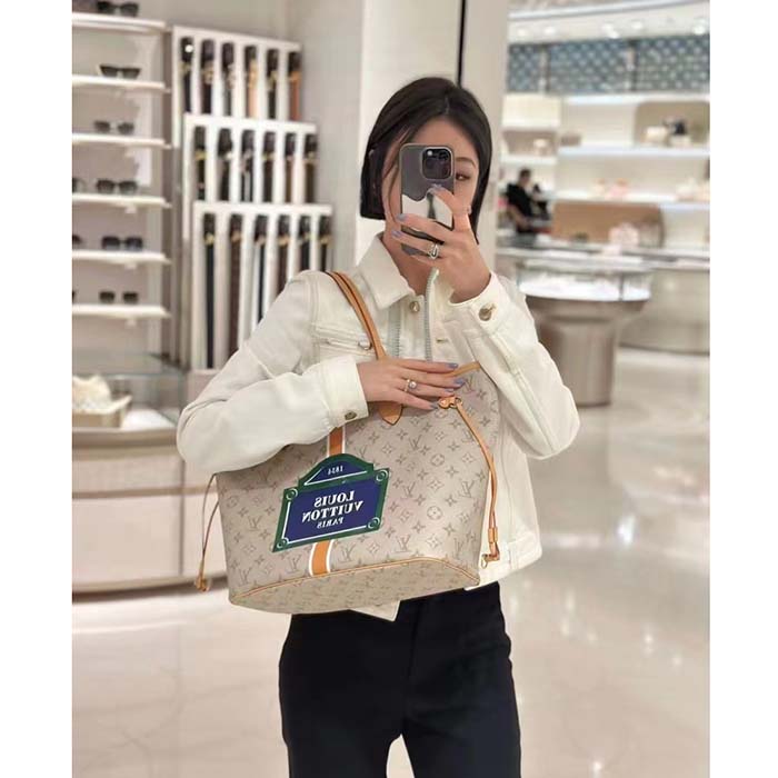 Louis Vuitton LV Unisex Neverfull MM Beige Ocher Monopaname Coated Canvas Cowhide Leather