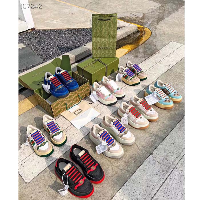 Gucci Unisex Screener GG Sneaker Blue Black Canvas Suede Dark Grey Leather Low Heel