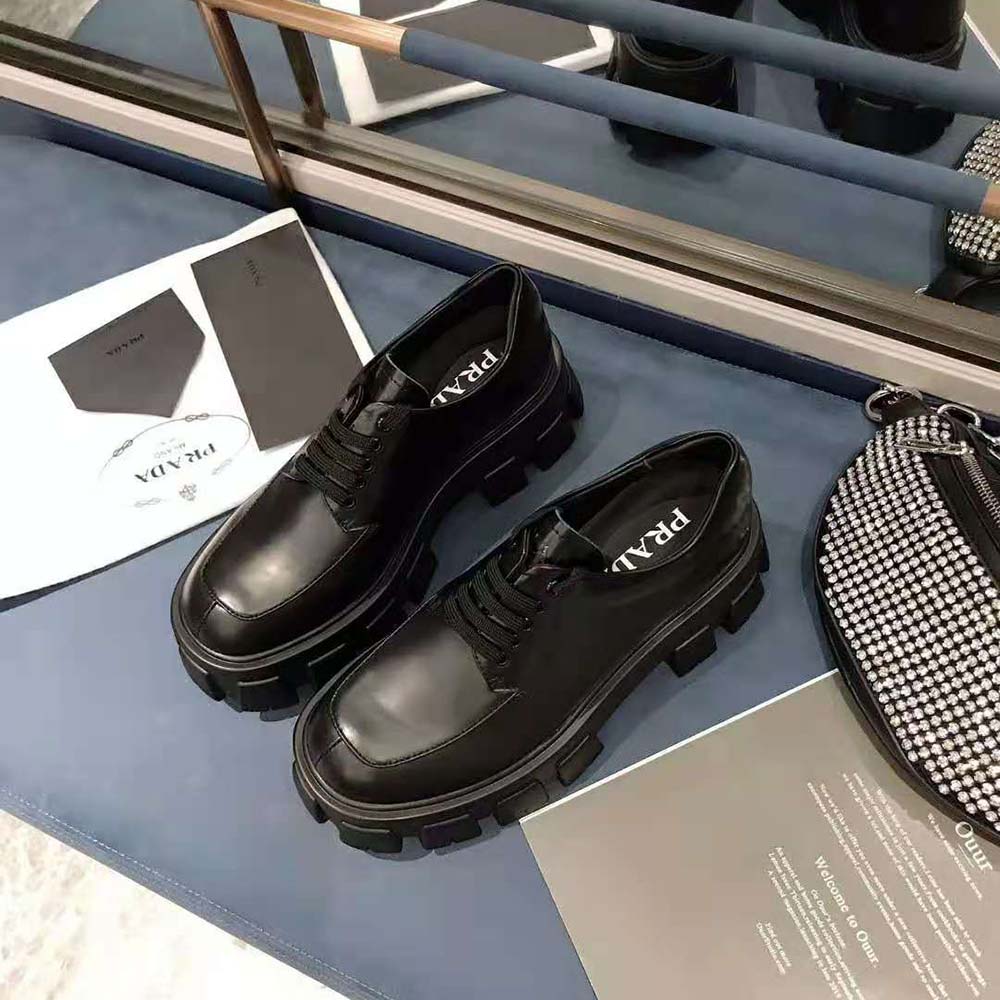 Prada Women Monolith Brushed Calf Leather Lace-Up Shoes-Black