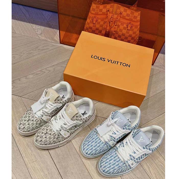 Louis Vuitton Unisex LV Trainer Sneaker Blue Monogram Textile Rubber Outsole Initials