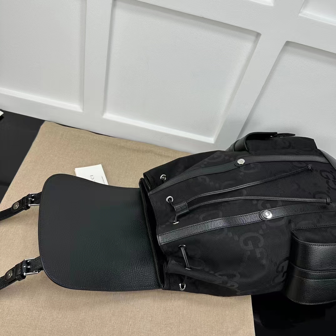 Gucci Unisex Jumbo GG Backpack Black Canvas Leather Cotton Linen