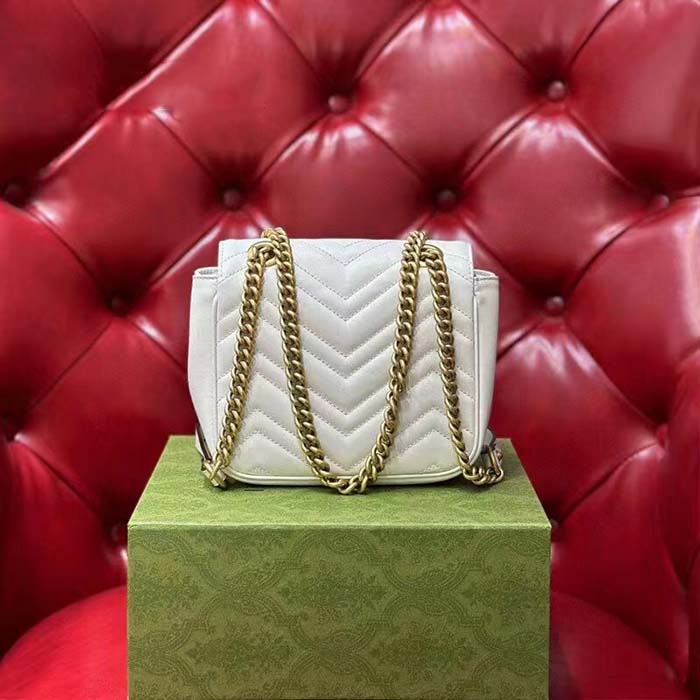 Gucci Women GG Marmont Matelassé Mini Tote Bag White Chevron Leather Double G