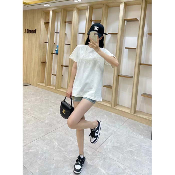 Gucci Women GG Cotton Jersey T-Shirt Off White Heavy Cities Embroidery Crewneck Short Sleeves Oversize Fit