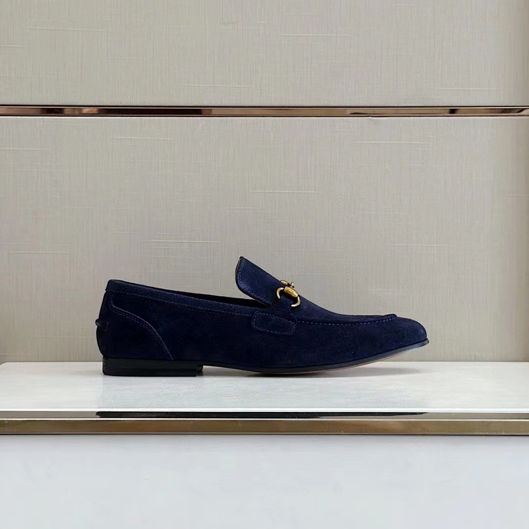 Gucci Unisex GG Jordaan Loafer Deep Blue Suede Horsebit Slim Shape Leather Flat