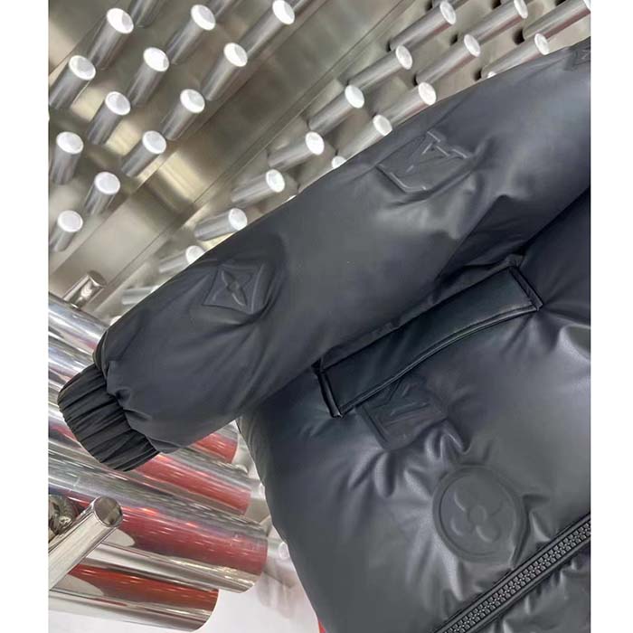 Louis Vuitton Women LV Monogram Leather Hooded Down Jacket Black Lamb Leather Anthracite Regular Fit