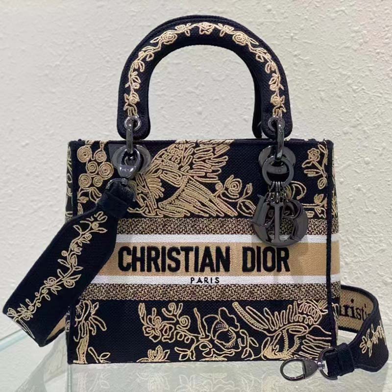 Dior Women CD Medium Lady D-Lite Bag Black Cornely-Effect Jardin D’Hiver Embroidery
