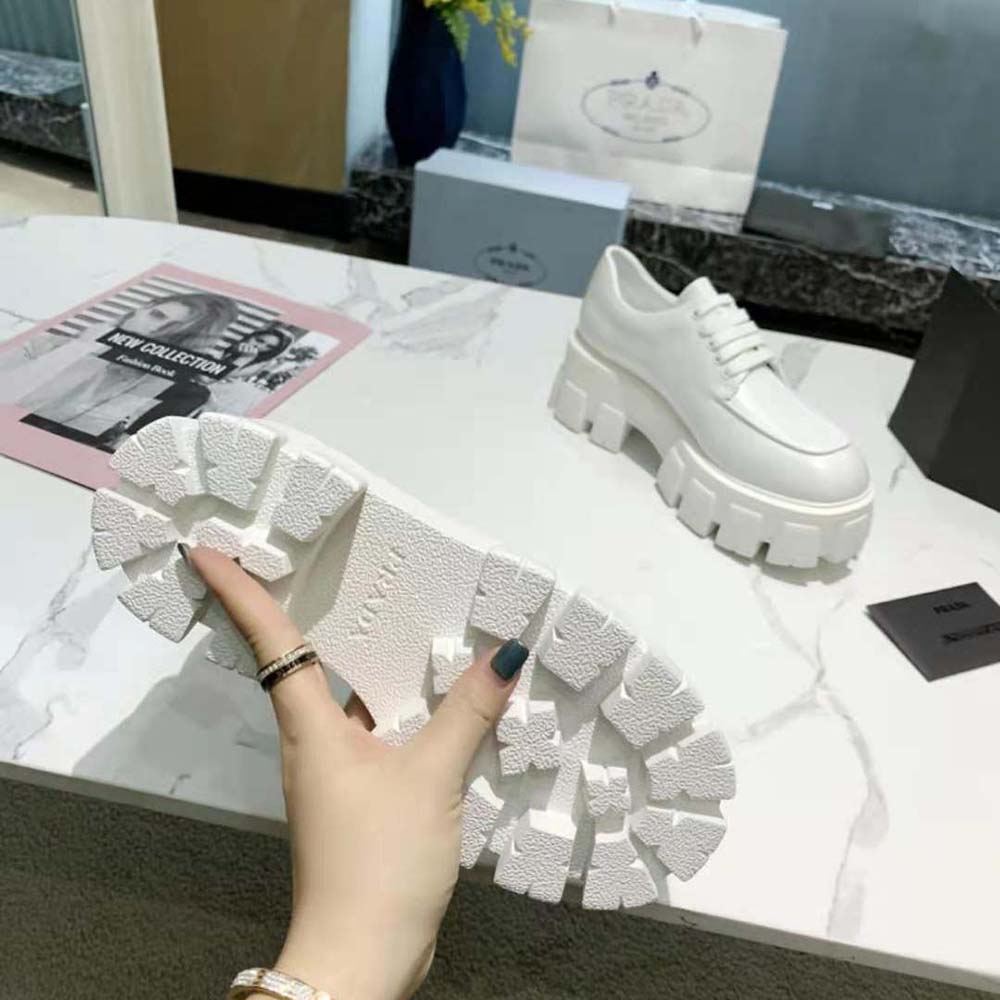 Prada Women Monolith Brushed Leather Lace-up Shoes-White